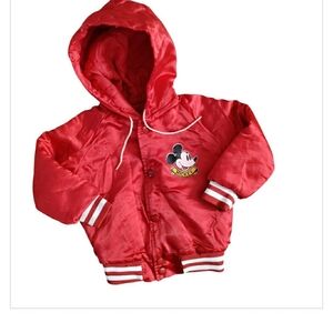 Vintage Chalk Line Mickey Mouse Hooded Satin Bomber Jacket